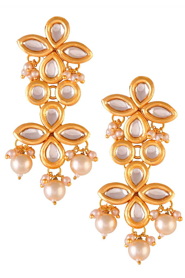 Gold Tone Pearl Beaded Kundan Earrings (FEMNW018)