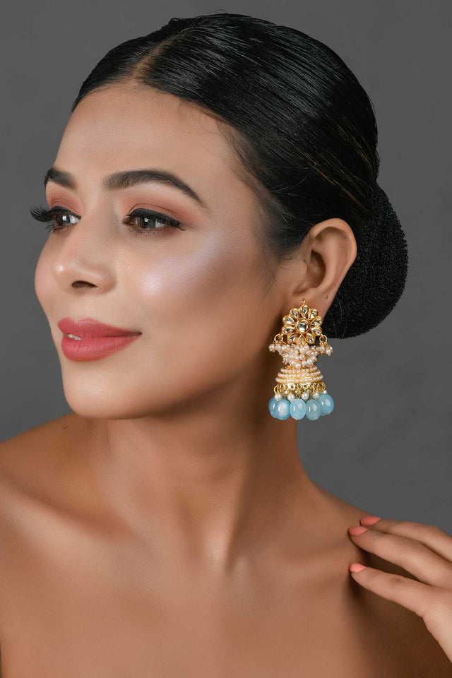 Gold Tone Blue Pearl Beaded Kundan Jhumki (FEMNW020)