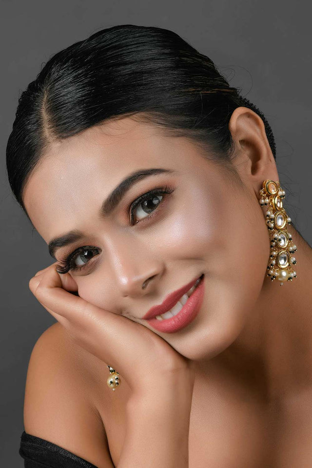 Gold Tone Pearl Beaded Kundan Earrings (FEMNW021)