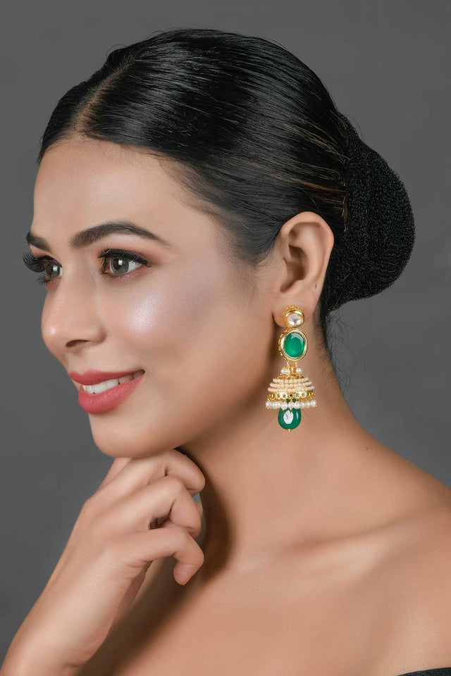 Green Gold Toned Pearl Beaded Kundan Jhumki (FEMNW023)