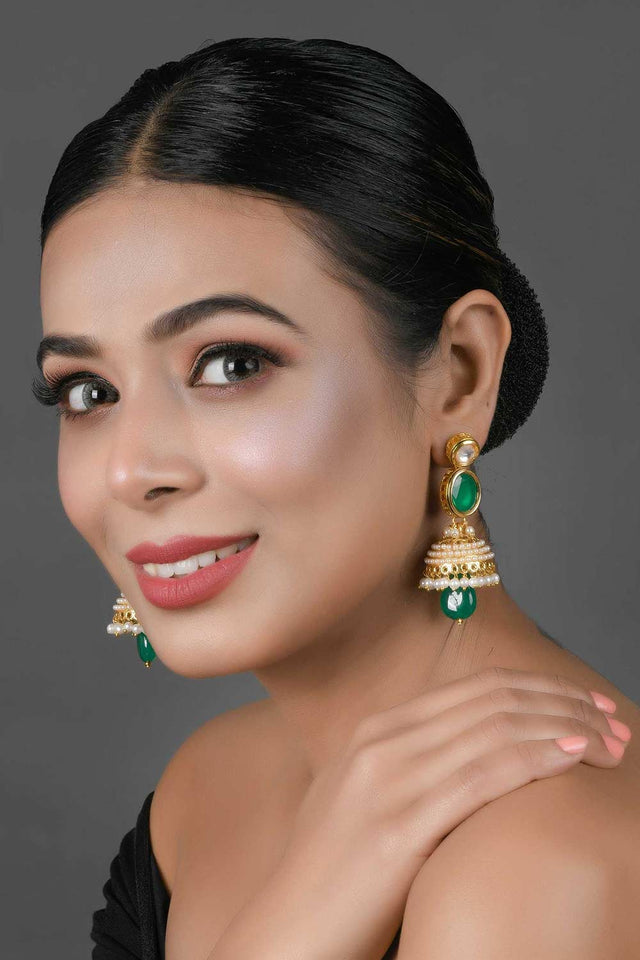 Green Gold Toned Pearl Beaded Kundan Jhumki (FEMNW023)