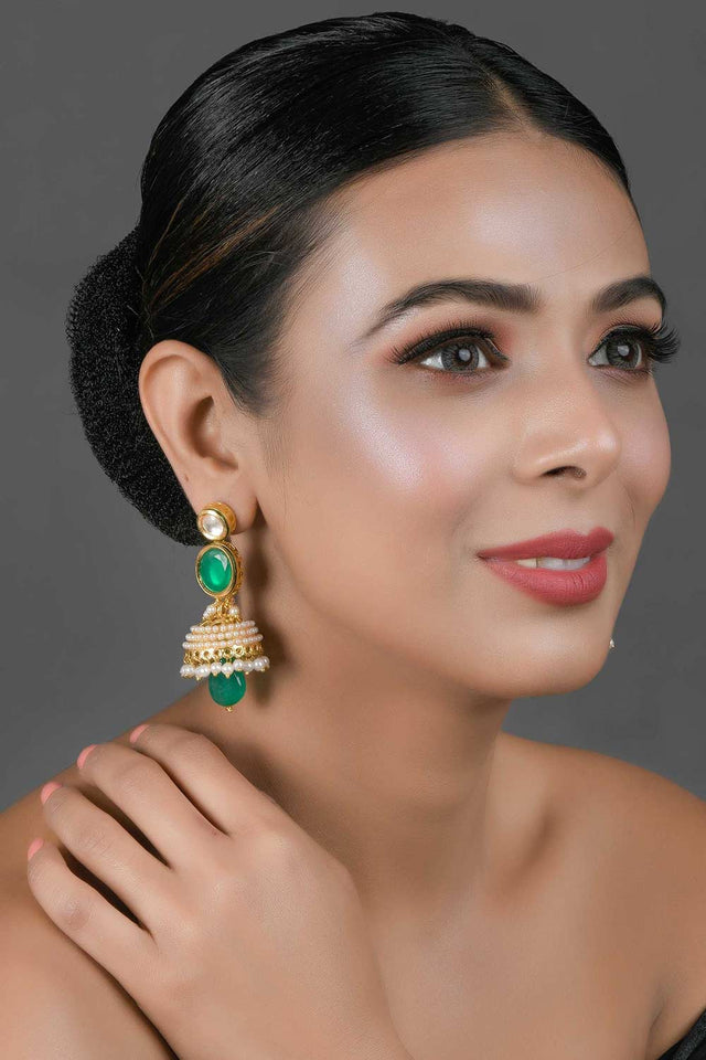 Green Gold Toned Pearl Beaded Kundan Jhumki (FEMNW023)