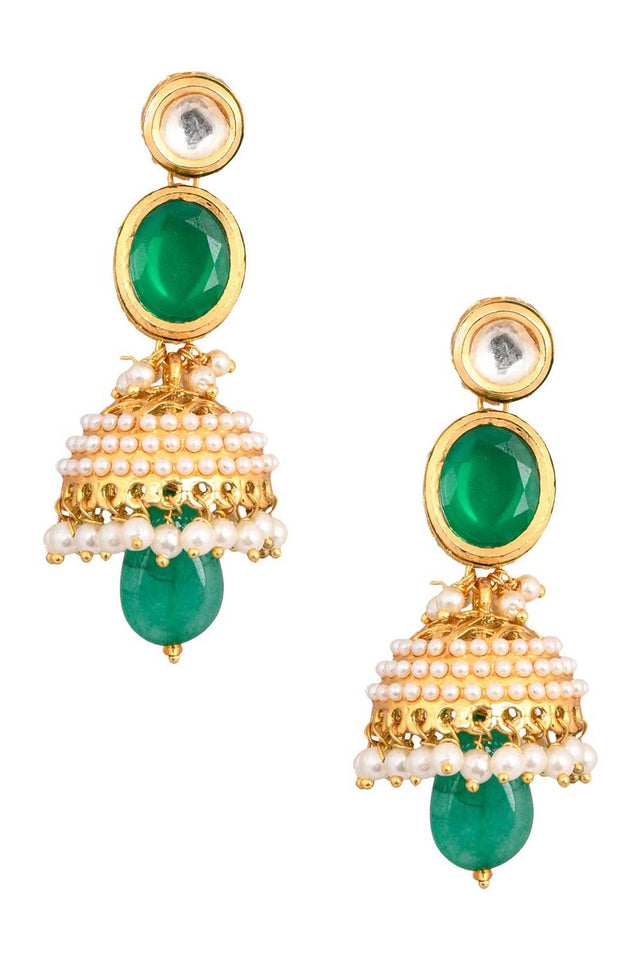 Green Gold Toned Pearl Beaded Kundan Jhumki (FEMNW023)
