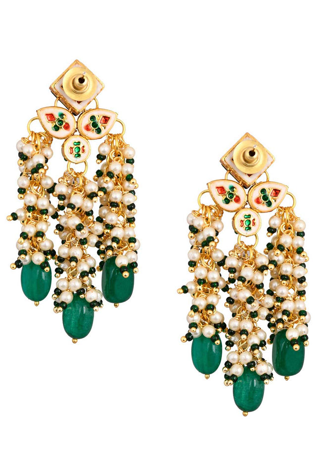 Green & Pearl Beaded Tassel Earrings