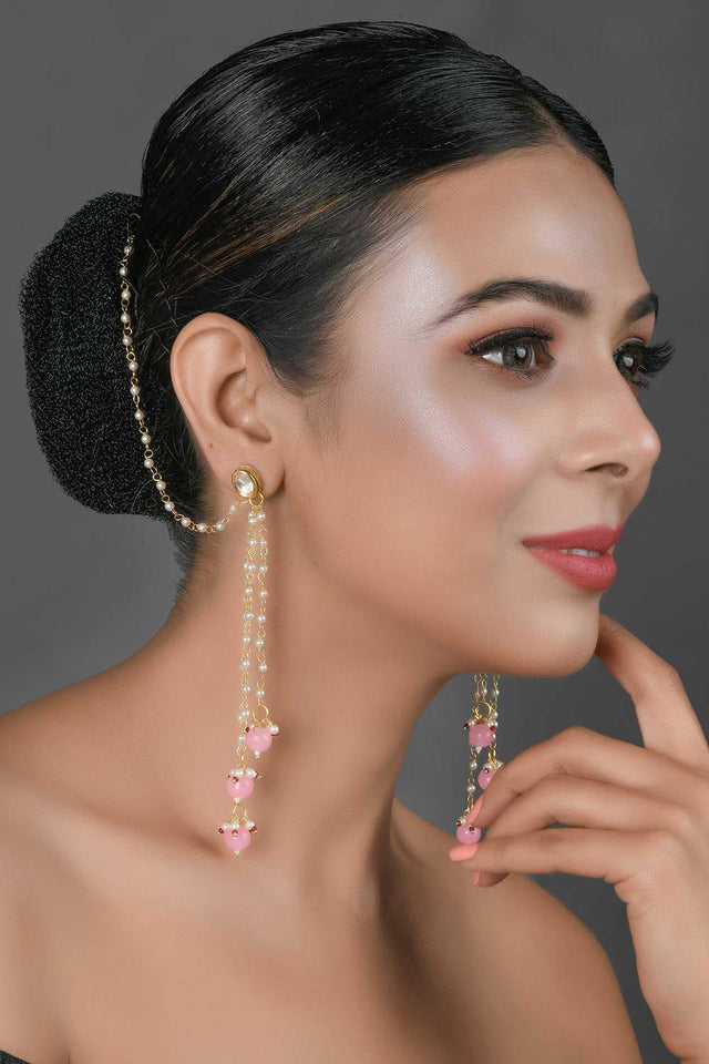 Gold Tone Kundan Inspired Pearl Tassel Earrings With Hair Chain