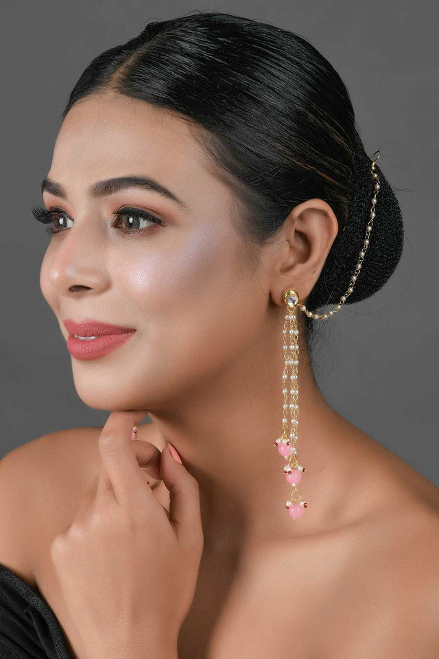 Gold Tone Kundan Inspired Pearl Tassel Earrings With Hair Chain