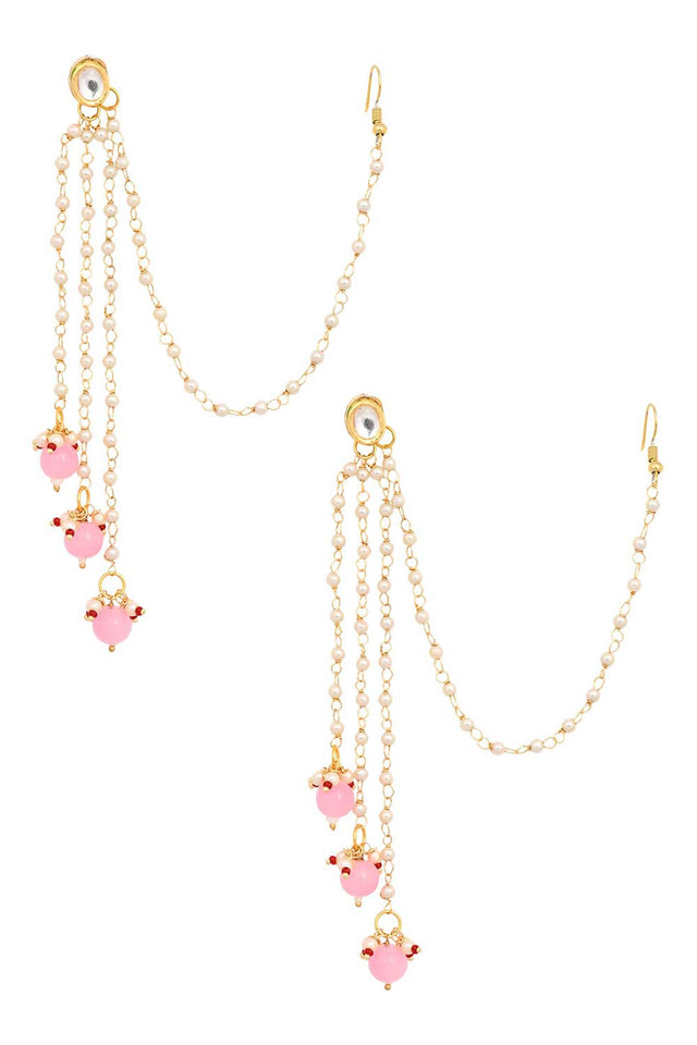Gold Tone Kundan Inspired Pearl Tassel Earrings With Hair Chain