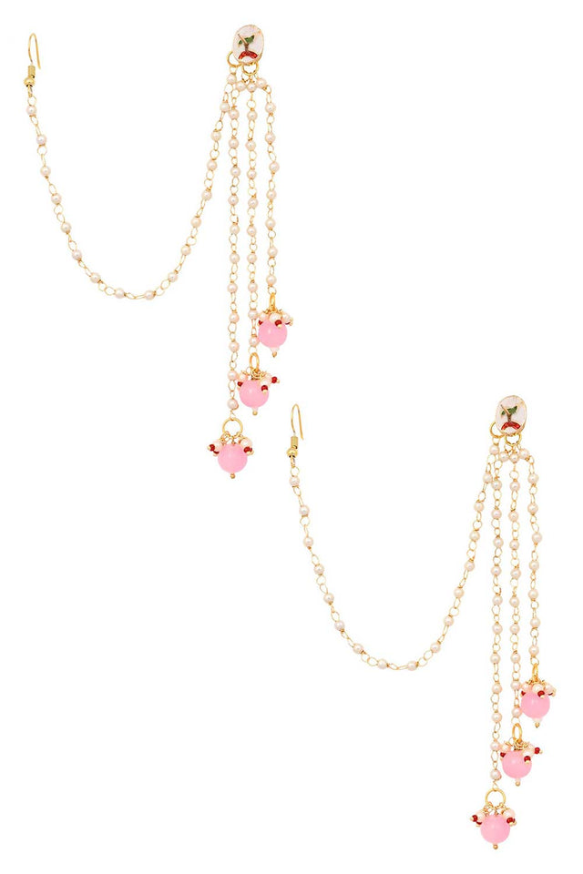 Gold Tone Kundan Inspired Pearl Tassel Earrings With Hair Chain