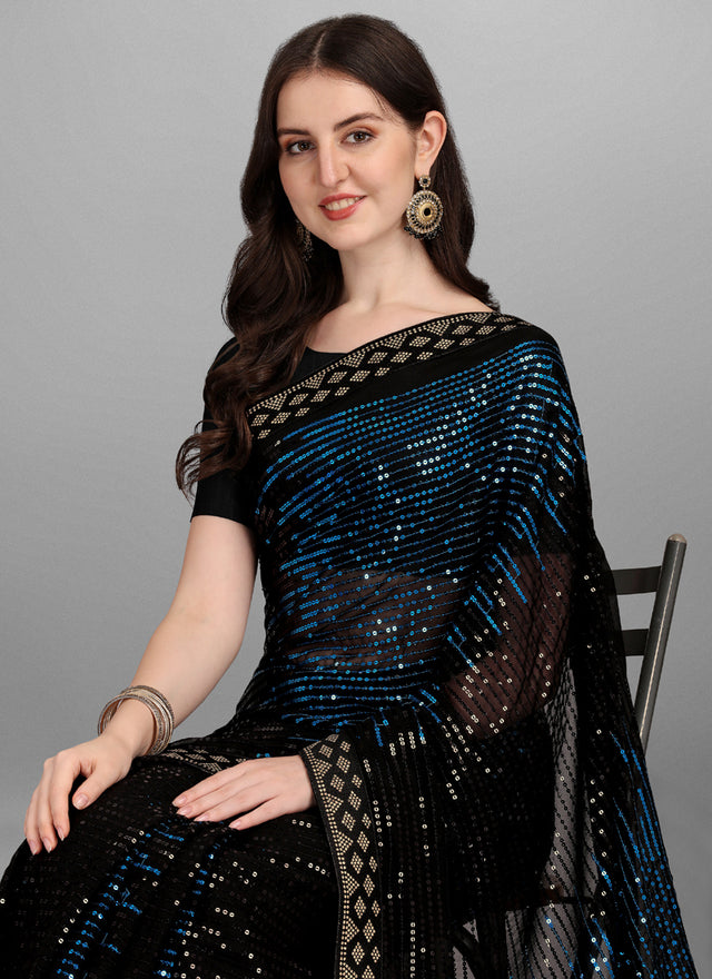 Blue & Black Georgette Sequins Work Woven Saree