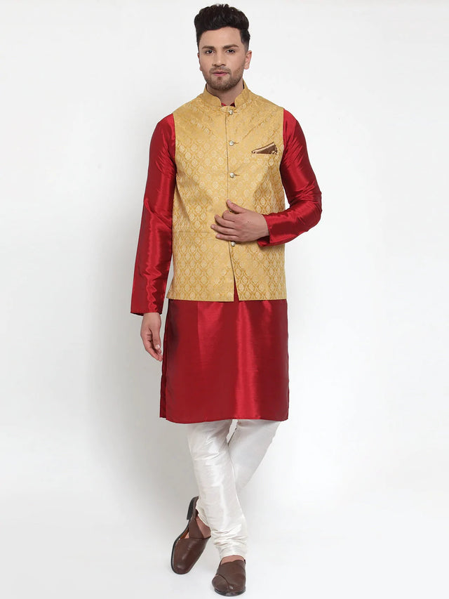 Men's Gold Silk Woven Nehru Jacket (JOWC_4005Golden)