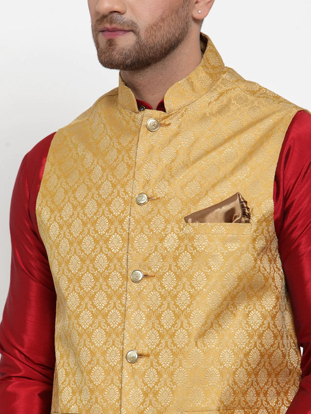 Men's Gold Silk Woven Nehru Jacket (JOWC_4005Golden)