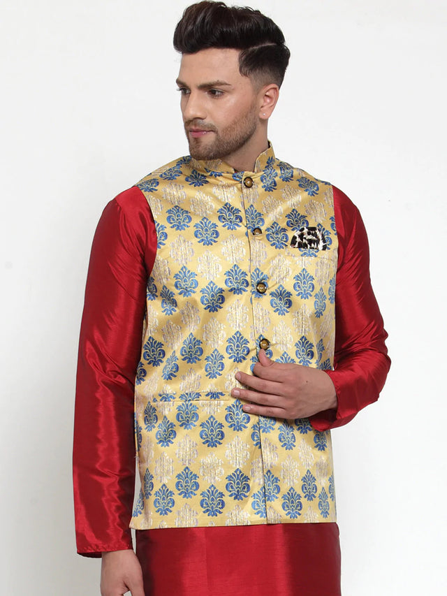 Men's Gold Silk Abstract Nehru Jacket (JOWC_4014Golden)