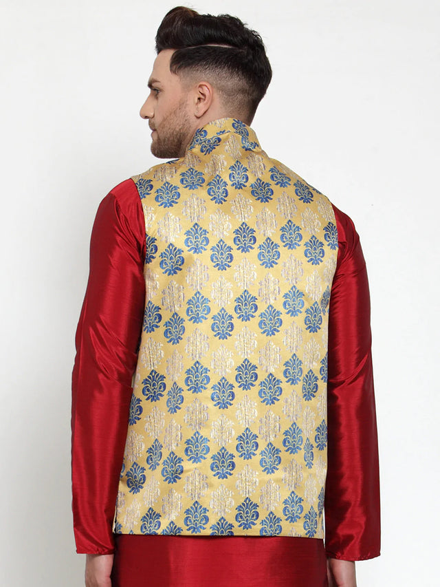 Men's Gold Silk Abstract Nehru Jacket (JOWC_4014Golden)