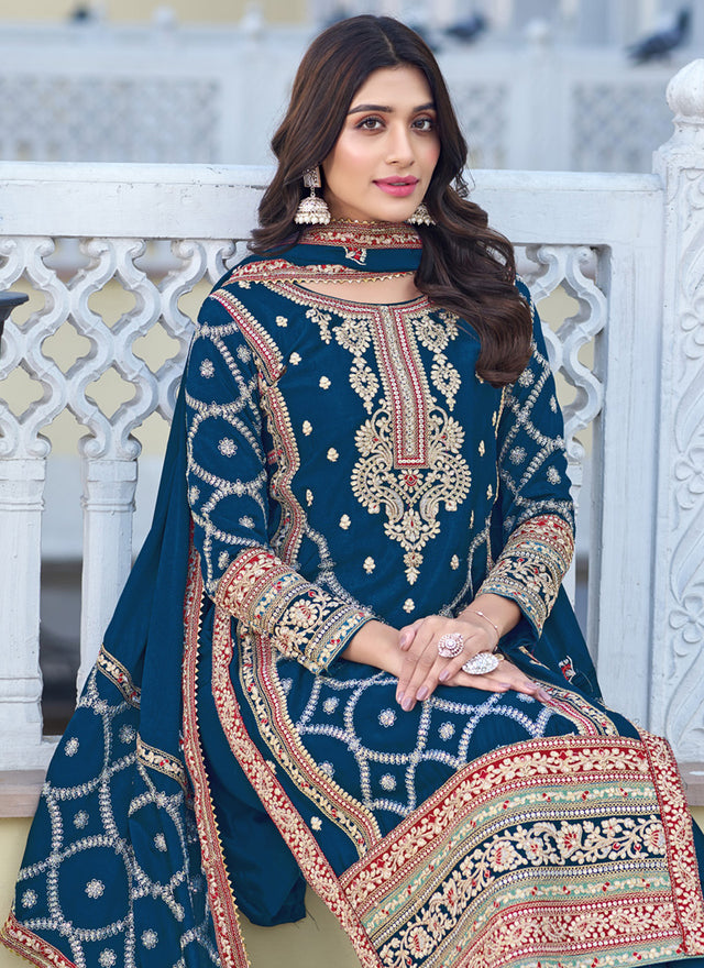 Navy Blue Chiffon Embroidery Pakistani Sharara Suit Set (Guzaarish-1019-C)