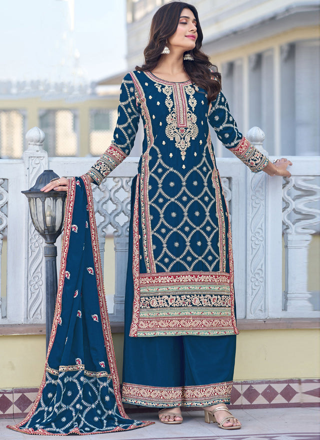 Navy Blue Chiffon Embroidery Pakistani Sharara Suit Set (Guzaarish-1019-C)