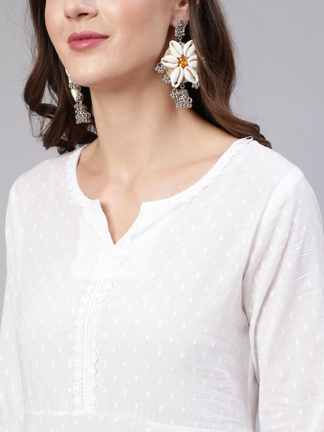 White Pure Cotton Lace Kurti Pant Sets