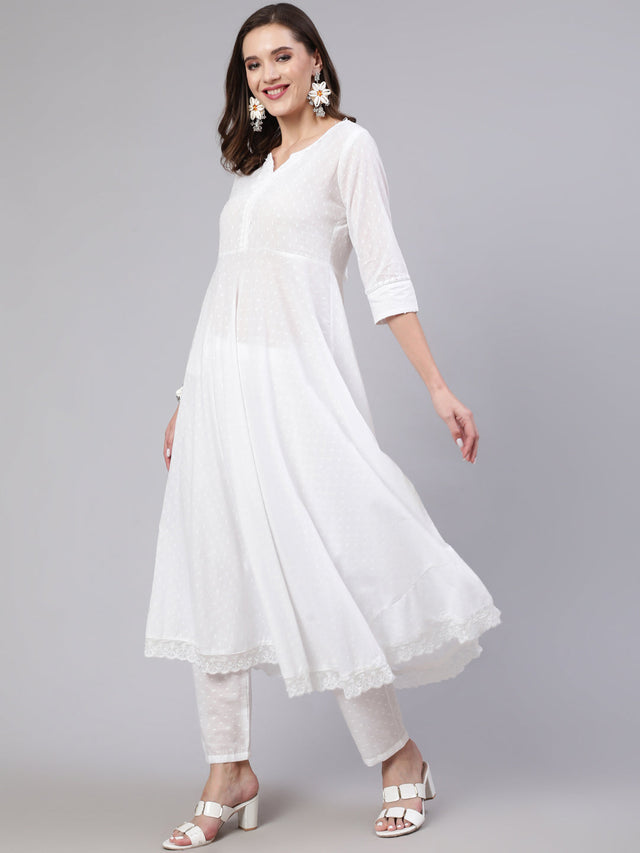White Pure Cotton Lace Kurti Pant Sets