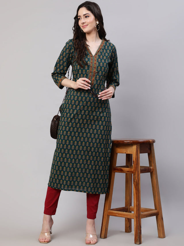Green Pure Cotton Printed Kurti