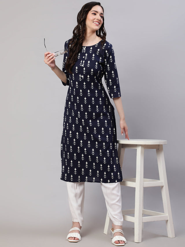 Blue Pure Cotton Printed Kurti