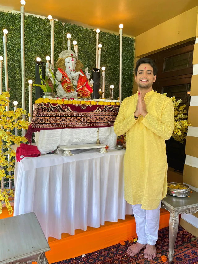 Men's Yellow Cotton Embroidered Kurta Set (JOKP_561Yellow)