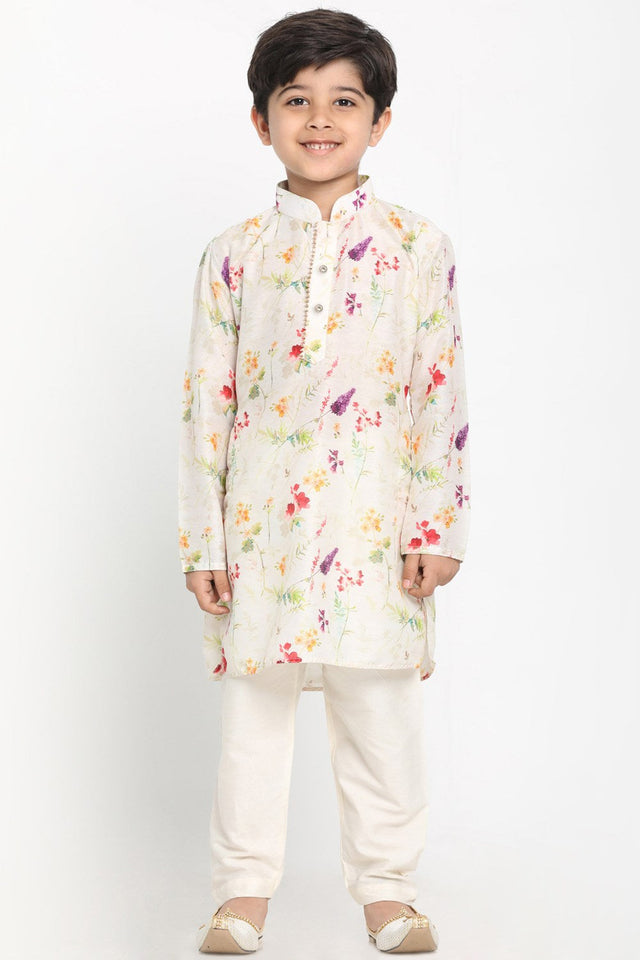 Boy's Blended Cotton Kurta Set In Cream