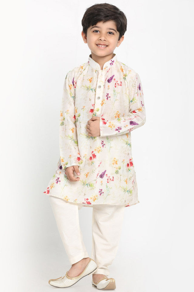 Boy's Blended Cotton Kurta Set In Cream