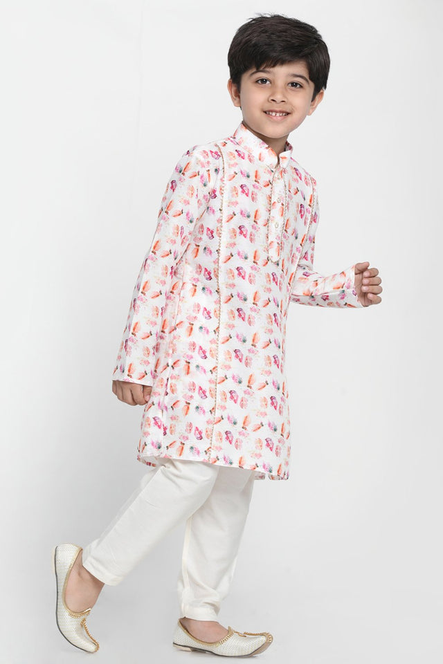 Boy's Blended Cotton Multicolor Kurta Set In White