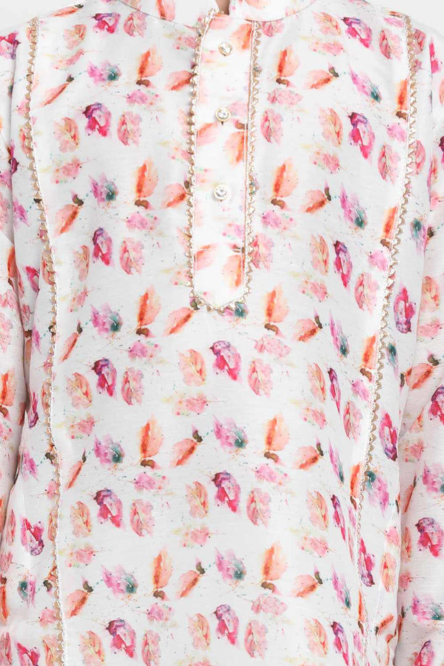 Boy's Blended Cotton Multicolor Kurta Set In White