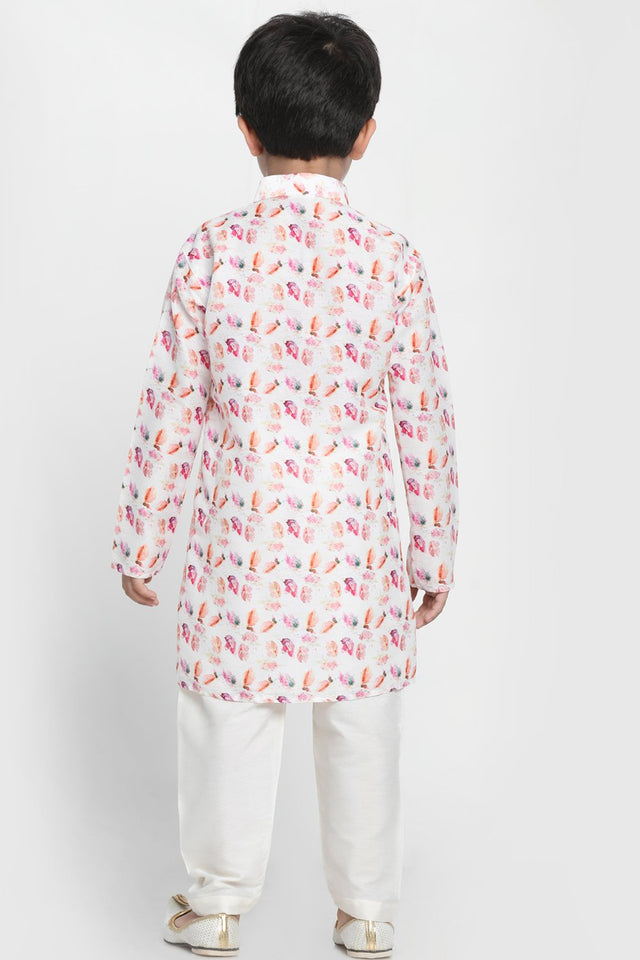 Boy's Blended Cotton Multicolor Kurta Set In White