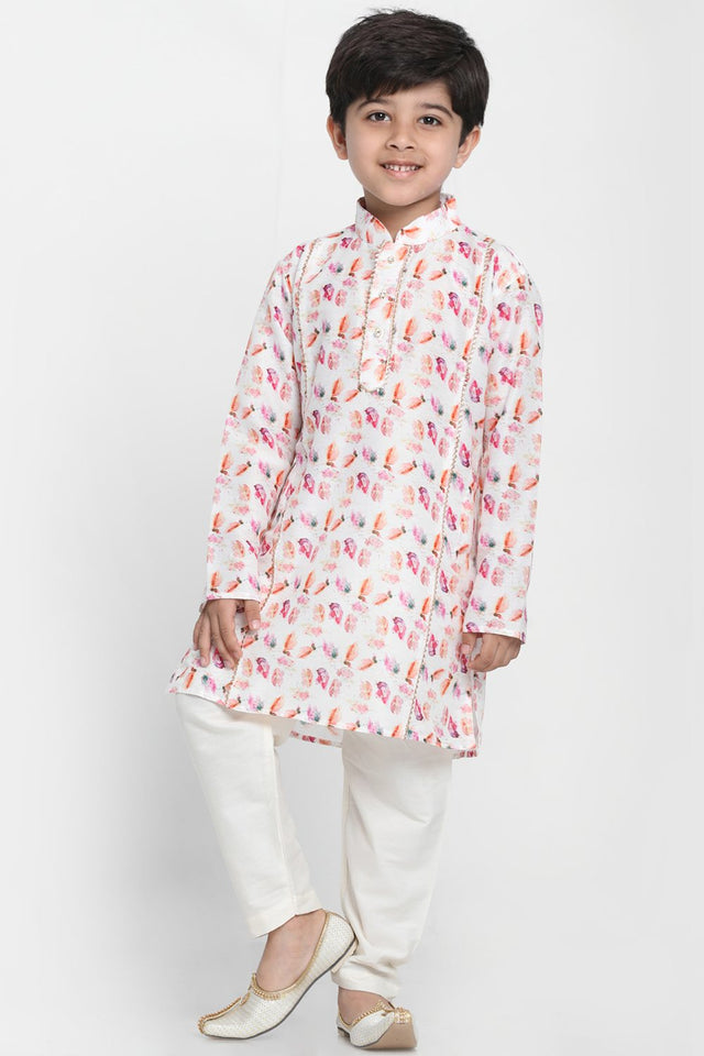 Boy's Blended Cotton Multicolor Kurta Set In White