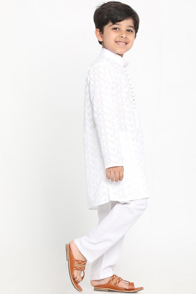Shop Boys Embroidered Kurta Pyjama Set in White