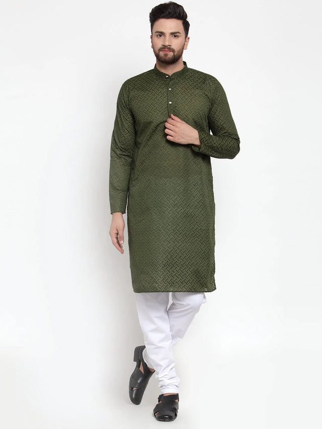 Men's Olive Cotton Embroidered Kurta Top