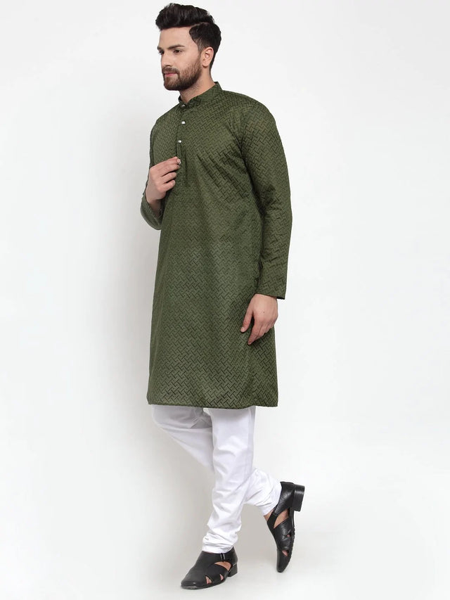 Men's Olive Cotton Embroidered Kurta Top