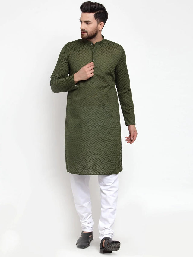 Men's Olive Cotton Embroidered Kurta Top