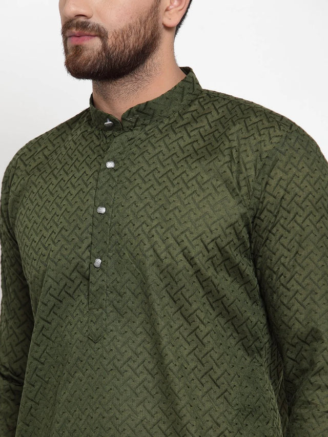 Men's Olive Cotton Embroidered Kurta Top