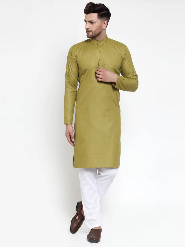 Men's Olive Cotton Solid Kurta Set