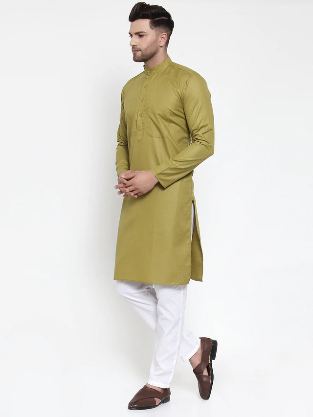 Men's Olive Cotton Solid Kurta Set