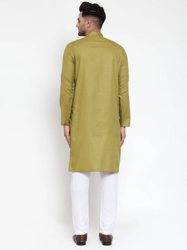 Men's Olive Cotton Solid Kurta Set