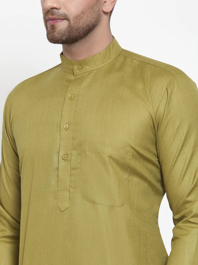 Men's Olive Cotton Solid Kurta Set