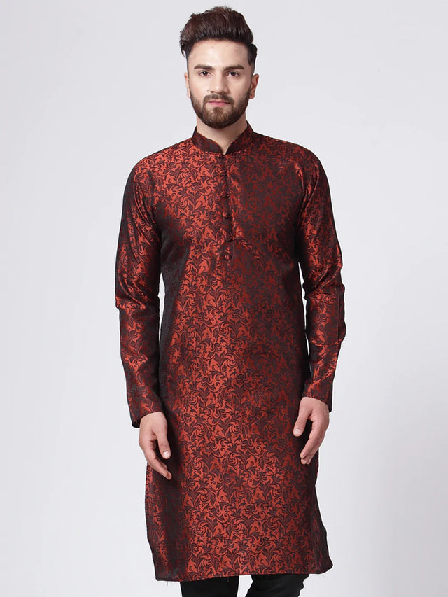 Men's Maroon Jacquard Silk Woven Design Kurta Top