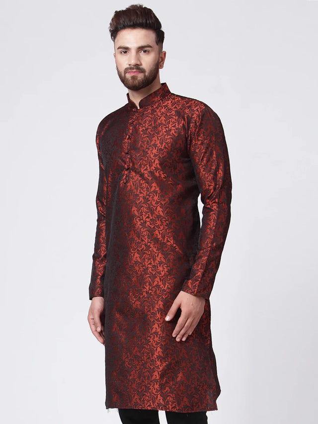 Men's Maroon Jacquard Silk Woven Design Kurta Top