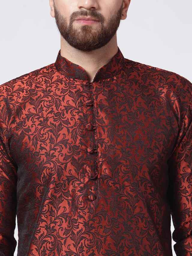 Men's Maroon Jacquard Silk Woven Design Kurta Top