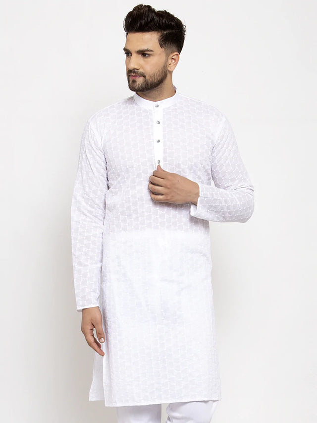 Men's White Cotton Embroidered Kurta Top