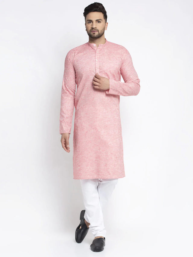 Men's Pink Mandarin Collar Linen Solid Kurta Set