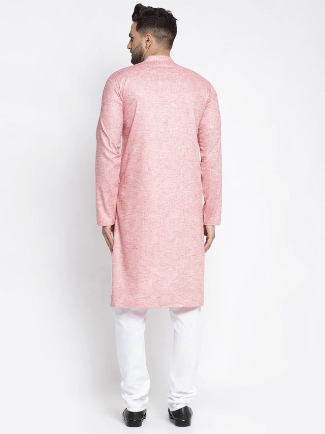 Men's Pink Mandarin Collar Linen Solid Kurta Set