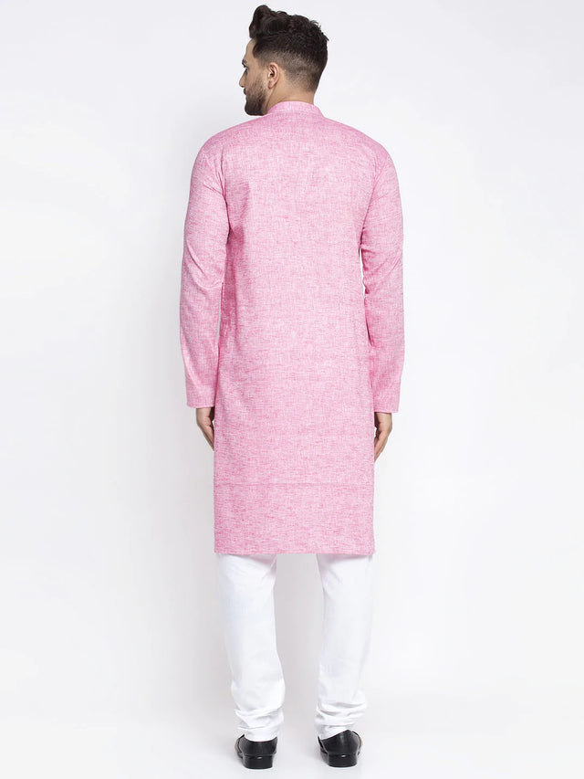 Men's Pink Linen Solid Kurta Set