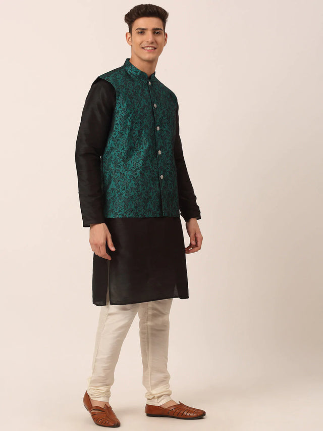 Men's Green Jacquard Silk Woven Design Kurta Set With Jacket
