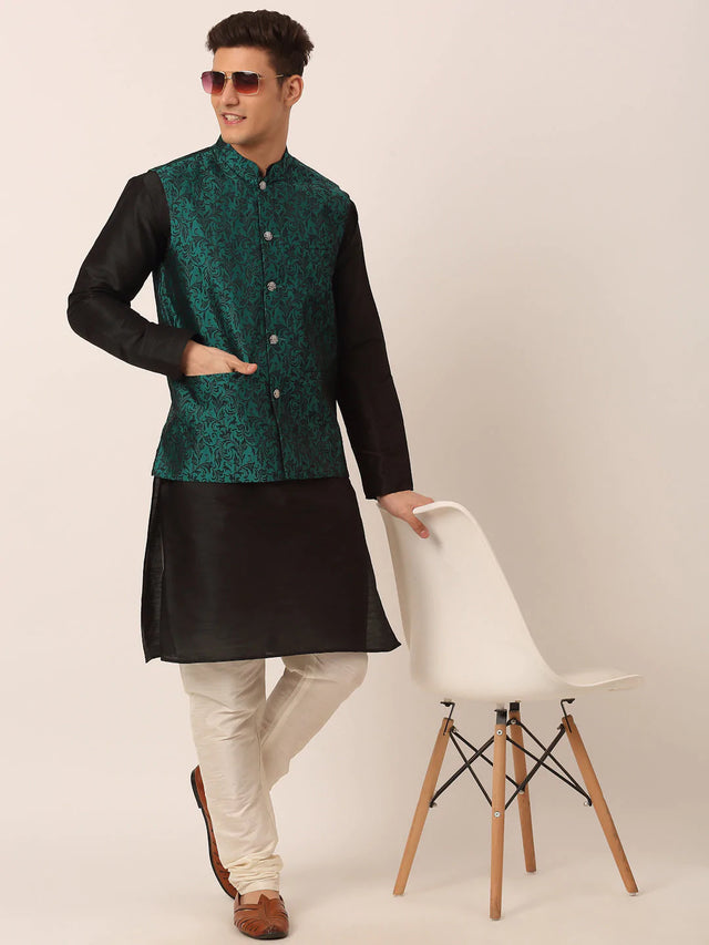 Men's Green Jacquard Silk Woven Design Kurta Set With Jacket