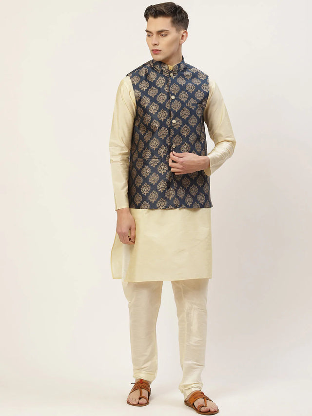 Men's Navy Blue Jacquard Silk Woven Design Kurta Set With Jacket