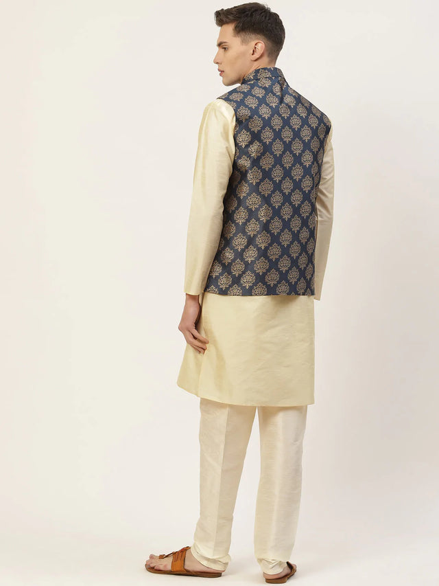 Men's Navy Blue Jacquard Silk Woven Design Kurta Set With Jacket